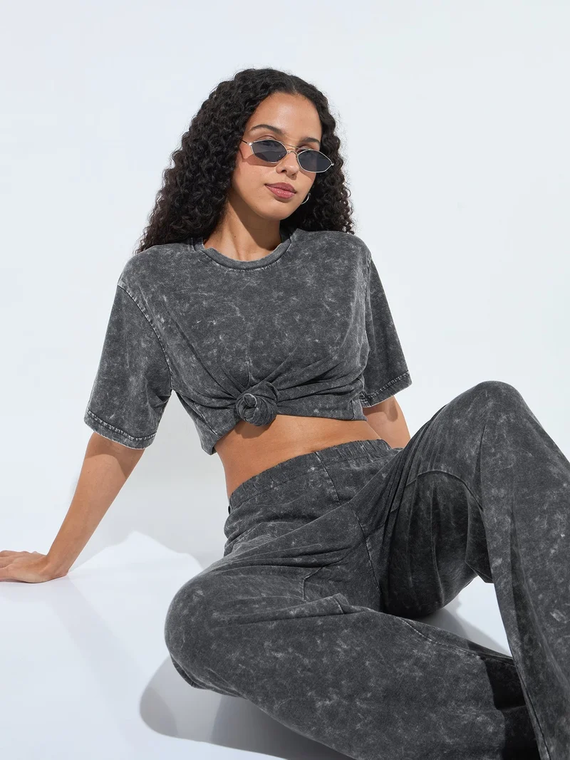 Outzidr  Grey Acid Wash T-Shirt And Straight Pant for Women | Best Price UAE